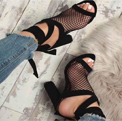 Lace-Up Bandage Open-Toe Flock High Heels - Free Shipping