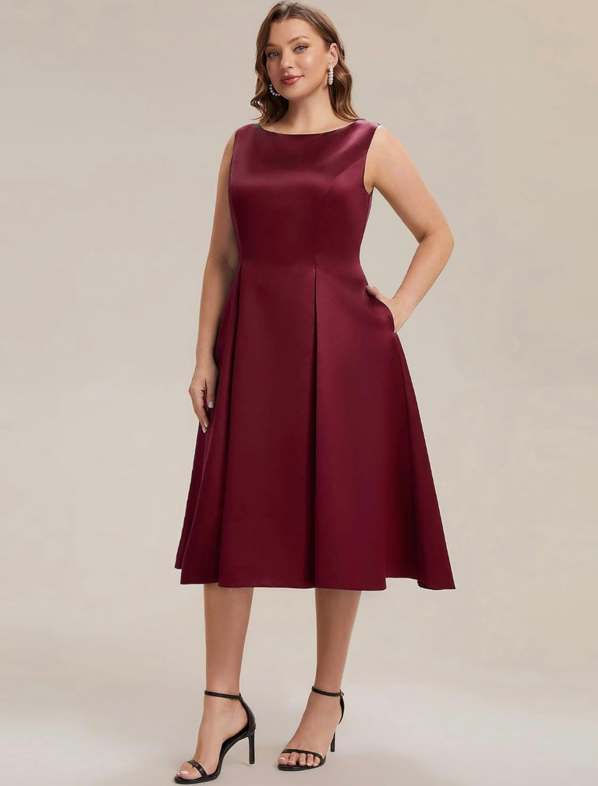 Elegant Plus Size Satin Sleeveless Fit and Flare Midi Dress, Burgundy front alternate