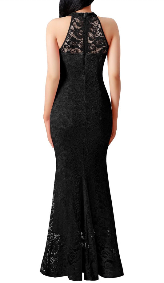 Elegant Black Illusion Halter Sweetheart Slit Mermaid Maxi Dress - Formal Evening Gown - Free Shipping