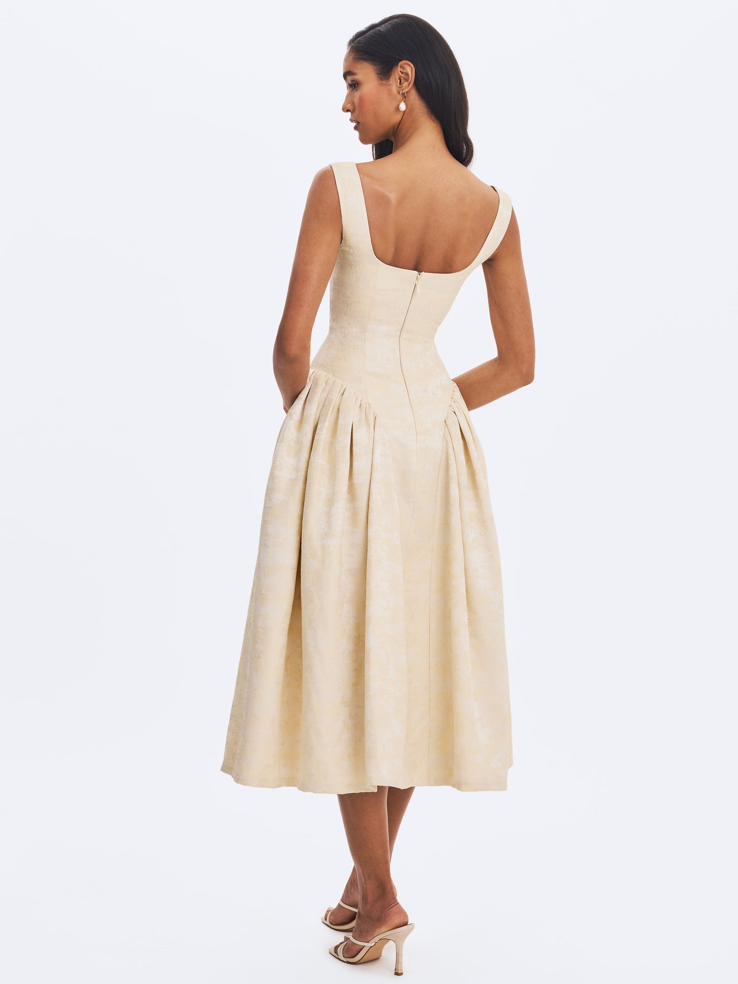 Miss Circle Elegant Chelsea Ivory Jacquard Ruched Bust Sweetheart Midi Dress - Free Shipping