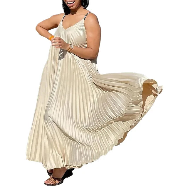 Elegant Pleated Summer Dress - Loose Waisted V-Neck Spaghetti Strap Maxi Dress-S-XXXL-Free Shipping