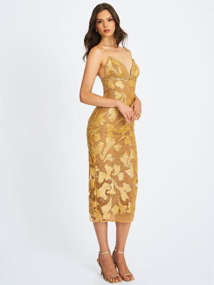 Miss Circle Sophisticated Edie Gold Beaded Sequin Midi Pencil Dress - Free Shipping