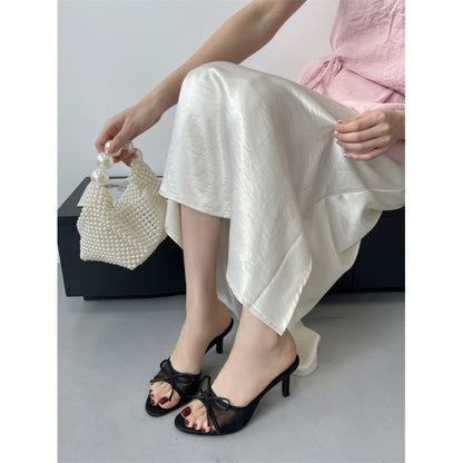 Bow-Tie Mesh Open-Toe High-Heel Slide Sandals - Free Shipping