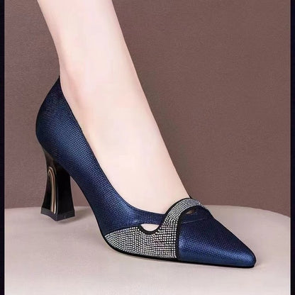 Pointed-Toe Color Block Slip-On Chunky High Heels - Free Shipping