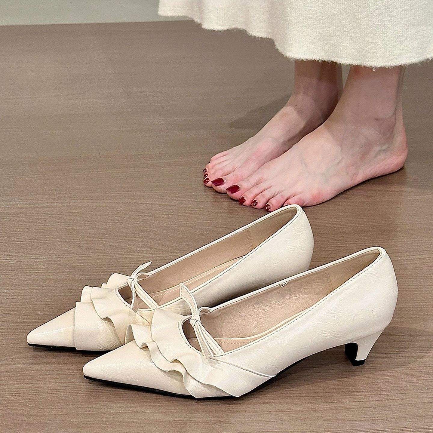 French-Style Kitten Heels with Ruffled Hem & Bow Tie - Free Shipping