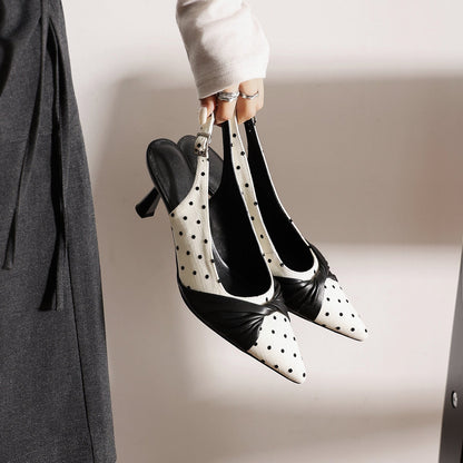 Polka Dot Pointed Toe Genuine Lambskin Slingback Heels - Free Shipping