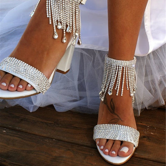 Rhinestone Chain Strap Peep Toe Chunky Sandals - Free Shipping