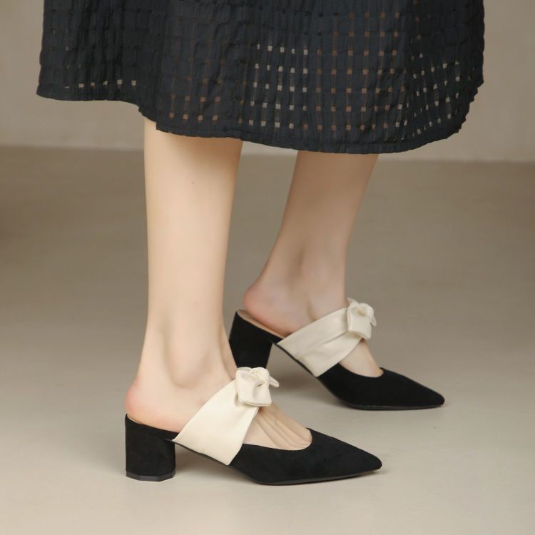 Chunky Heel Pointed Toe Slip-On Block Heels with Bow - Free Shipping