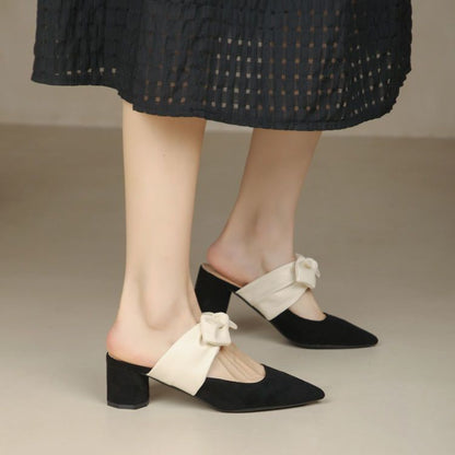 Chunky Heel Pointed Toe Slip-On Block Heels with Bow - Free Shipping