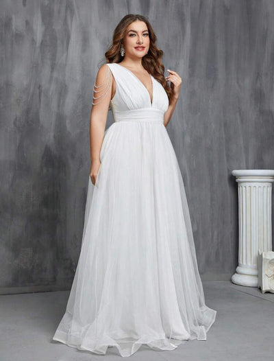 Elegant Plus Size Flowy Plunging Neckline Tulle Full Length Maxi Dress-Free Shipping