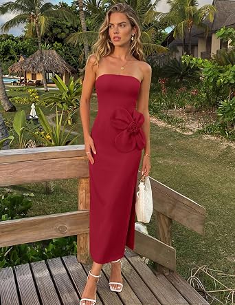 Elegant 3D Floral Applique Strapless Side Slit Bodycon Maxi Dress-Free Shipping