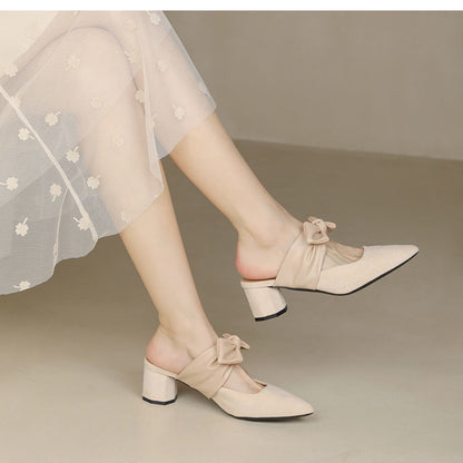 Chunky Heel Pointed Toe Slip-On Block Heels with Bow - Free Shipping