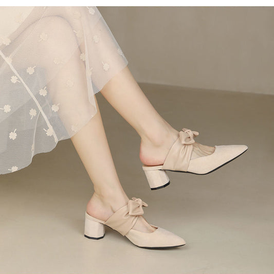 Chunky Heel Pointed Toe Slip-On Block Heels with Bow - Free Shipping