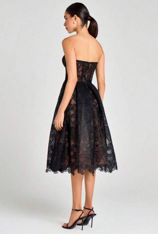 Elegant Strapless Lace Corset Sweetheart Midi Dress - Free Shipping