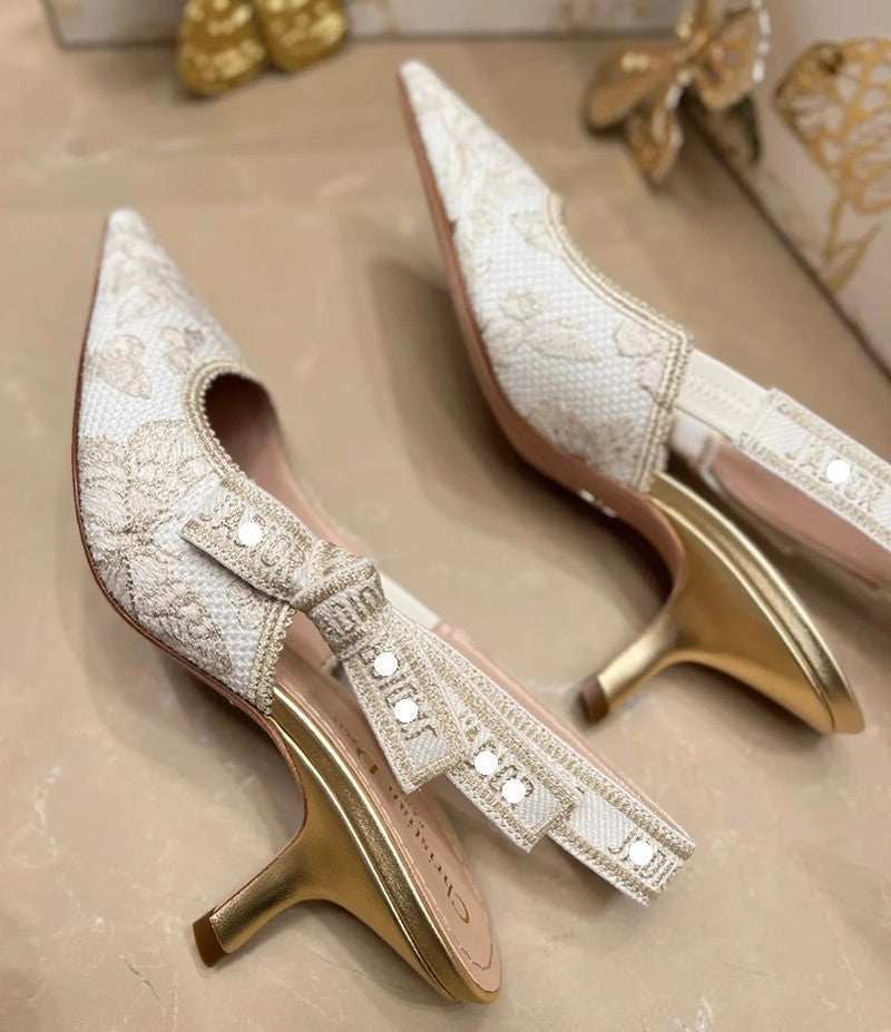 Gold Bow Strap Pointed Toe High Heel Sandals - Free Shipping
