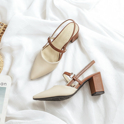 Pointed-Toe Open-Heel T-Strap Buckle Chunky High Heels - Free Shipping