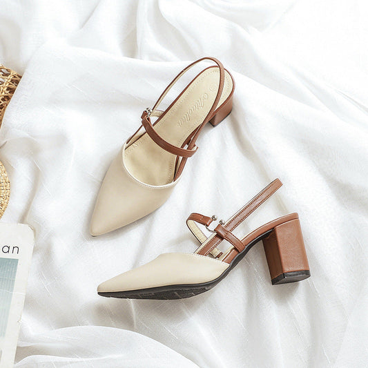 Pointed-Toe Open-Heel T-Strap Buckle Chunky High Heels - Free Shipping