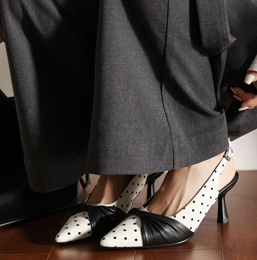 Polka Dot Pointed Toe Genuine Lambskin Slingback Heels - Free Shipping