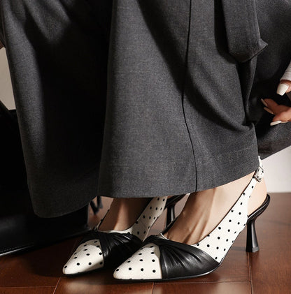 Polka Dot Pointed Toe Genuine Lambskin Slingback Heels - Free Shipping