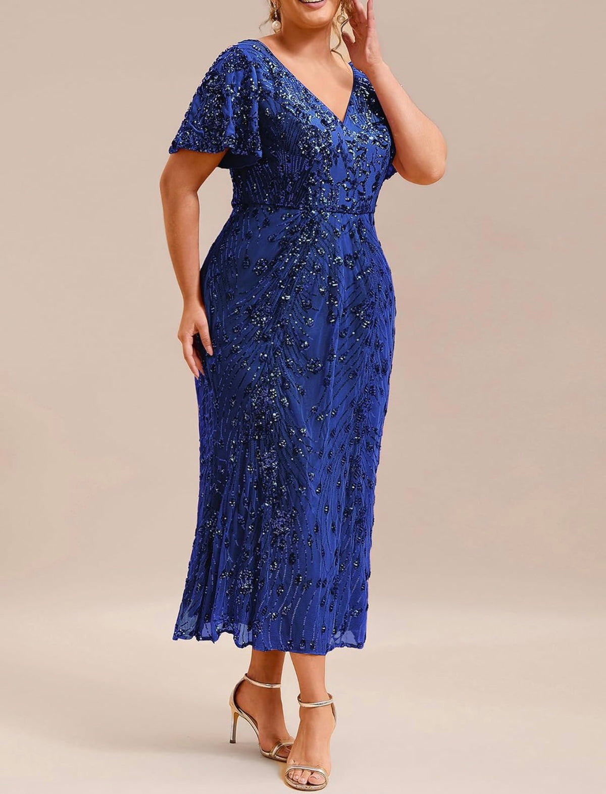 Stunning Plus Size Sequin V-Neck Flutter Sleeve Maxi Dress - Free Shipping