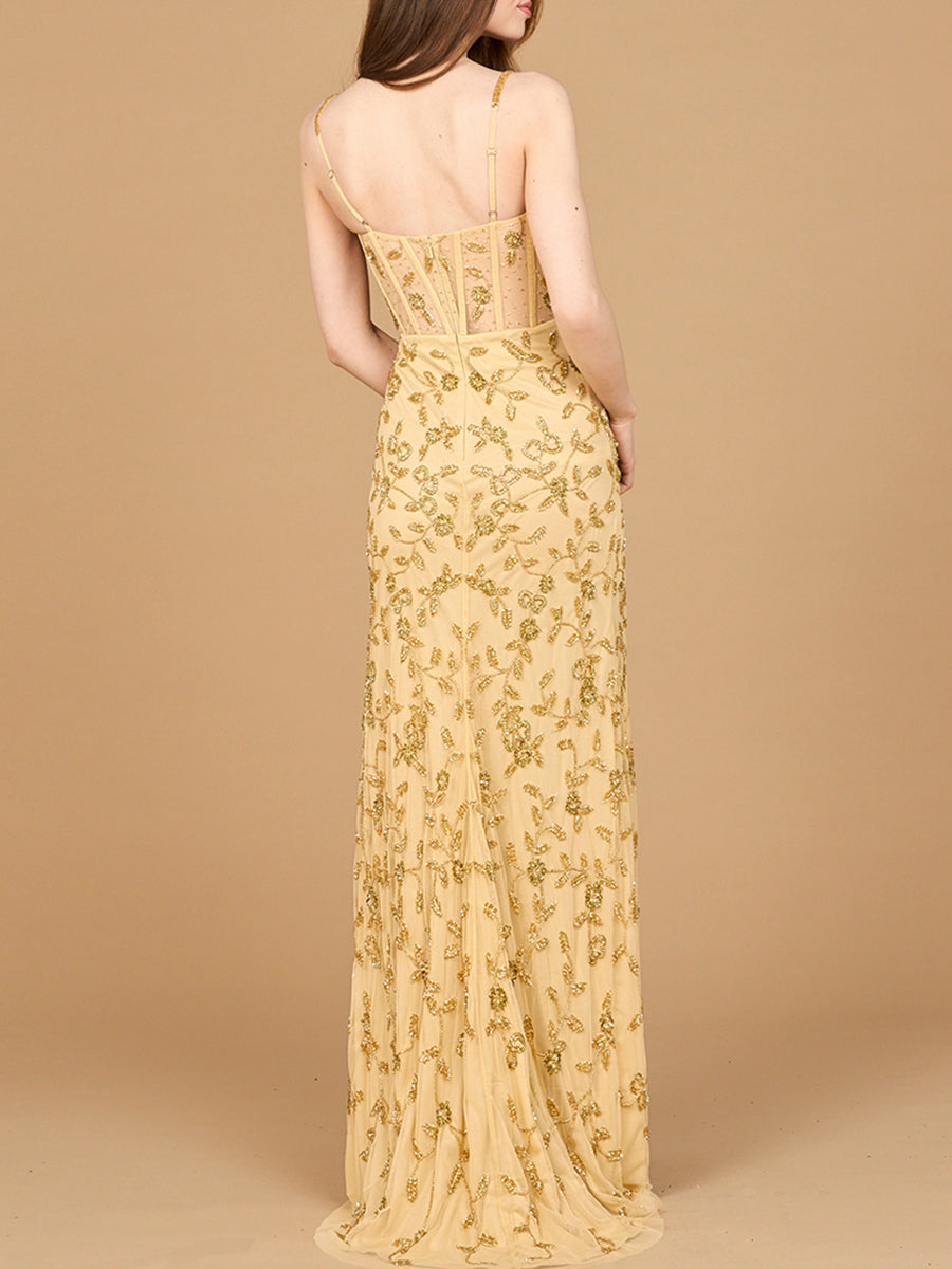 Beaded Corset Gown with Slit - Free Shipping