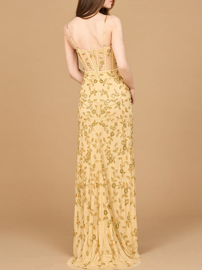 Beaded Corset Gown with Slit - Free Shipping