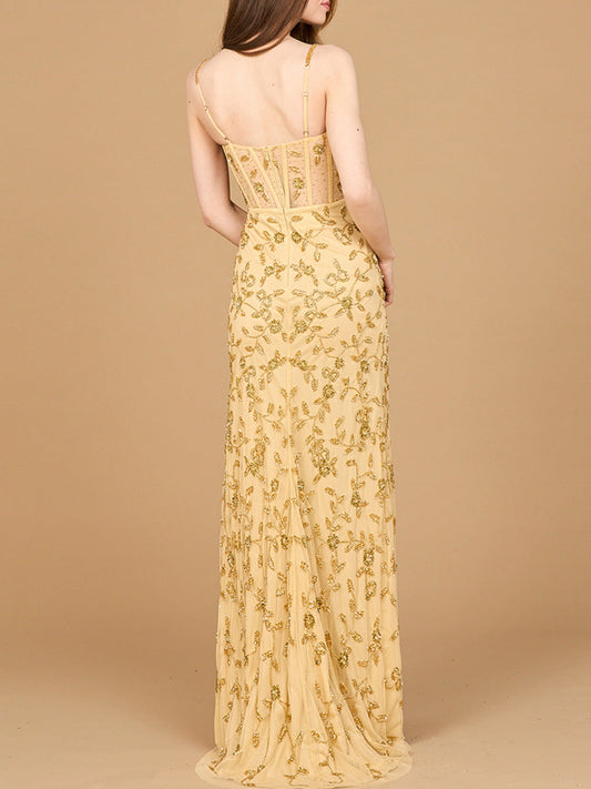 Beaded Corset Gown with Slit - Free Shipping