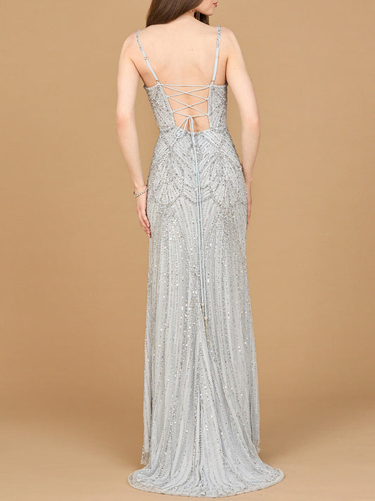 Beaded Lace-up Dress with Slit - Free Shipping