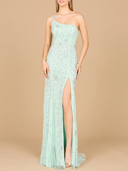 One Shoulder Beaded Gown with Slit - Free Shipping
