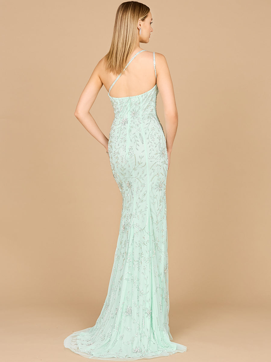 One Shoulder Beaded Gown with Slit - Free Shipping