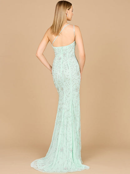One Shoulder Beaded Gown with Slit - Free Shipping