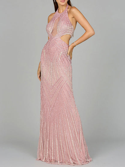 Halter Neck Beaded Dress with Cutouts - Free Shipping