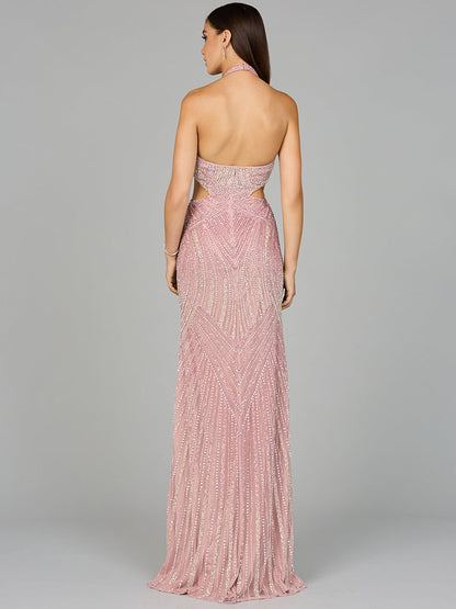 Halter Neck Beaded Dress with Cutouts - Free Shipping