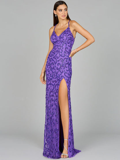 Sultry Beaded Gown with Slit Sizes 0-18 - Free Shipping