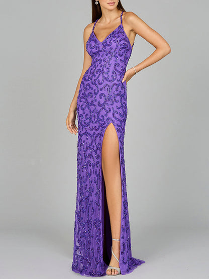 Sultry Beaded Gown with Slit Sizes 0-18 - Free Shipping