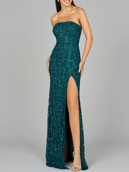 Gorgeous Beaded Strapless Dress with Slit - Free Shipping
