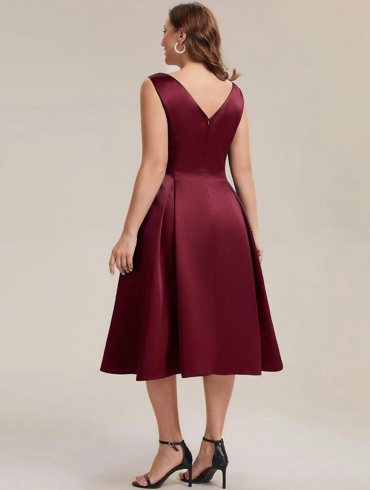Elegant Plus Size Satin Sleeveless Fit and Flare Midi Dress, Burgundy back