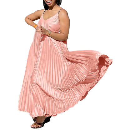 Elegant Pleated Summer Dress - Loose Waisted V-Neck Spaghetti Strap Maxi Dress-S-XXXL-Free Shipping