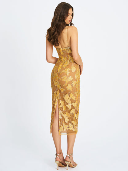 Miss Circle Sophisticated Edie Gold Beaded Sequin Midi Pencil Dress - Free Shipping