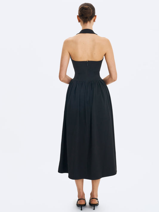 Miss Circle Delaney Black Lapel Halter Midi A-Line Dress - Free Shipping