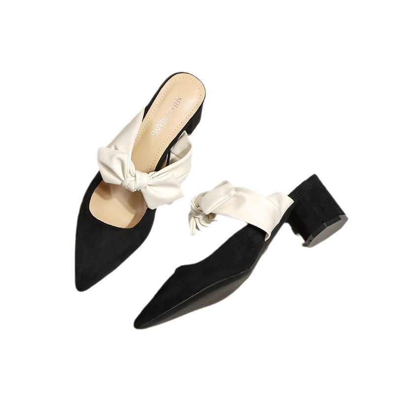 Chunky Heel Pointed Toe Slip-On Block Heels with Bow - Free Shipping