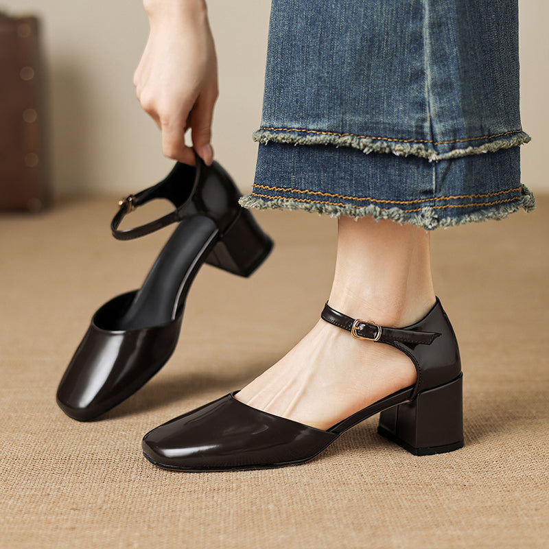 Cutout Mary Jane Full-Grain Cowhide Square Toe Block Heel Sandals - Free Shipping
