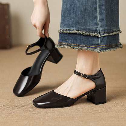 Cutout Mary Jane Full-Grain Cowhide Square Toe Block Heel Sandals - Free Shipping
