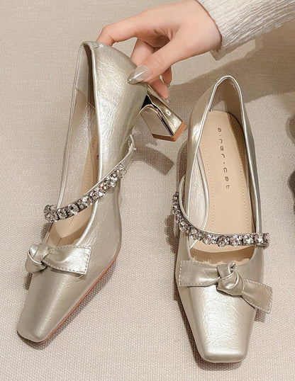 Rhinestone French Style Pointed Toe Chunky Mary Jane Heels -  Free Shipping