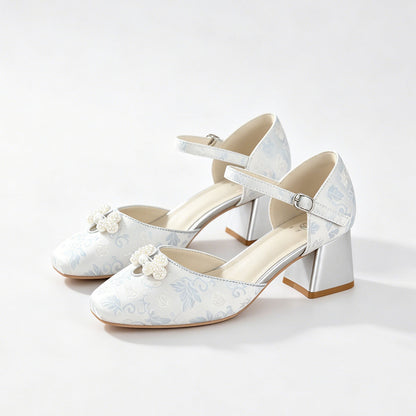 Jacquard  Pearl Bow Square-Toe Chunky Platform Heel Shoes - Free Shipping