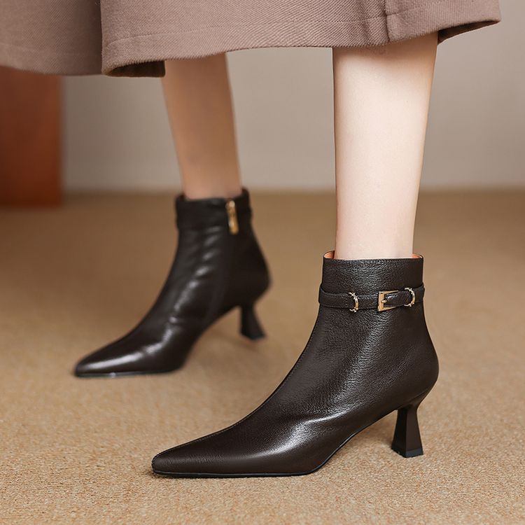 Sheepskin Upper Pointed Toe Side Buckle Retro High Heels Boots - Free Shipping