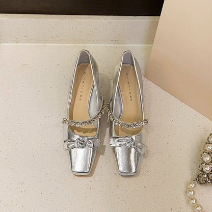 Rhinestone French Style Pointed Toe Chunky Mary Jane Heels -  Free Shipping