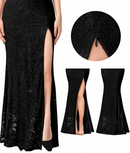 Elegant Black Illusion Halter Sweetheart Slit Mermaid Maxi Dress - Formal Evening Gown - Free Shipping