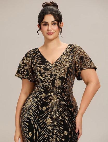 Elegant Plus Size Sequin V-Neck Flutter Sleeve Maxi Dress - Free Shipping