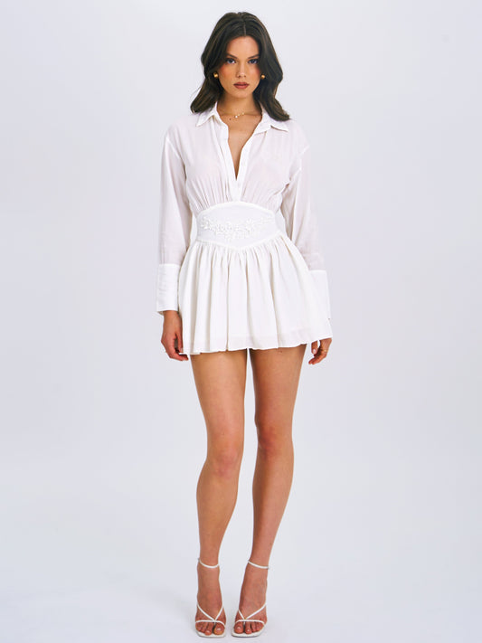 Miss Circle Jamila White Shirt Mini Dress with Embroidered Waist Detail - Free Shipping